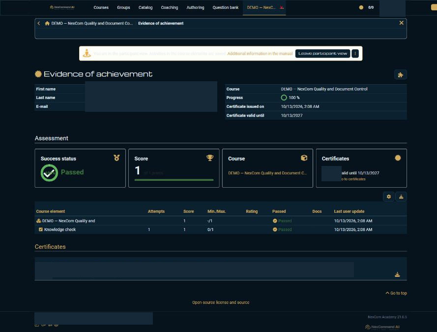 Review evidence of achievement — redacted NexCom tutorial image
