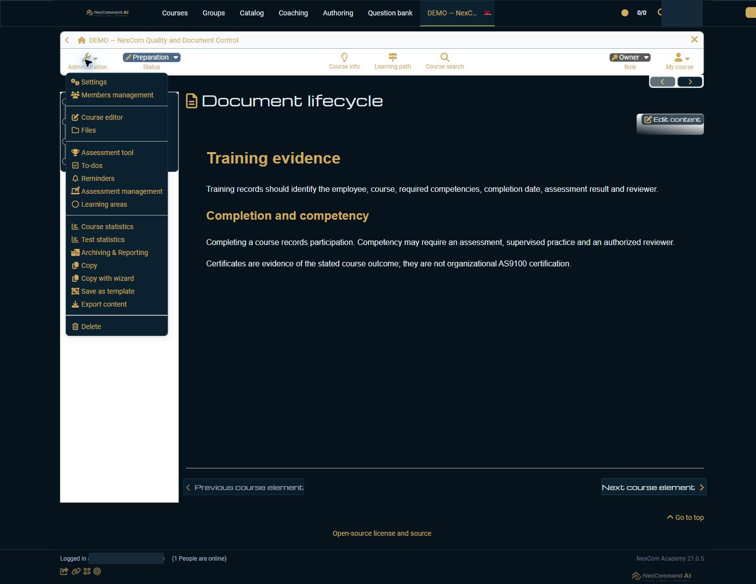 Open course Settings — redacted NexCom tutorial image