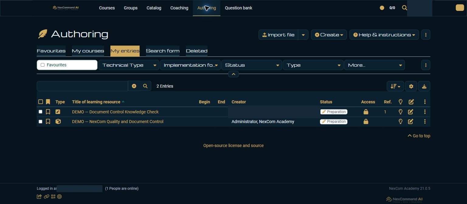 Find the course in Authoring — redacted NexCom tutorial image