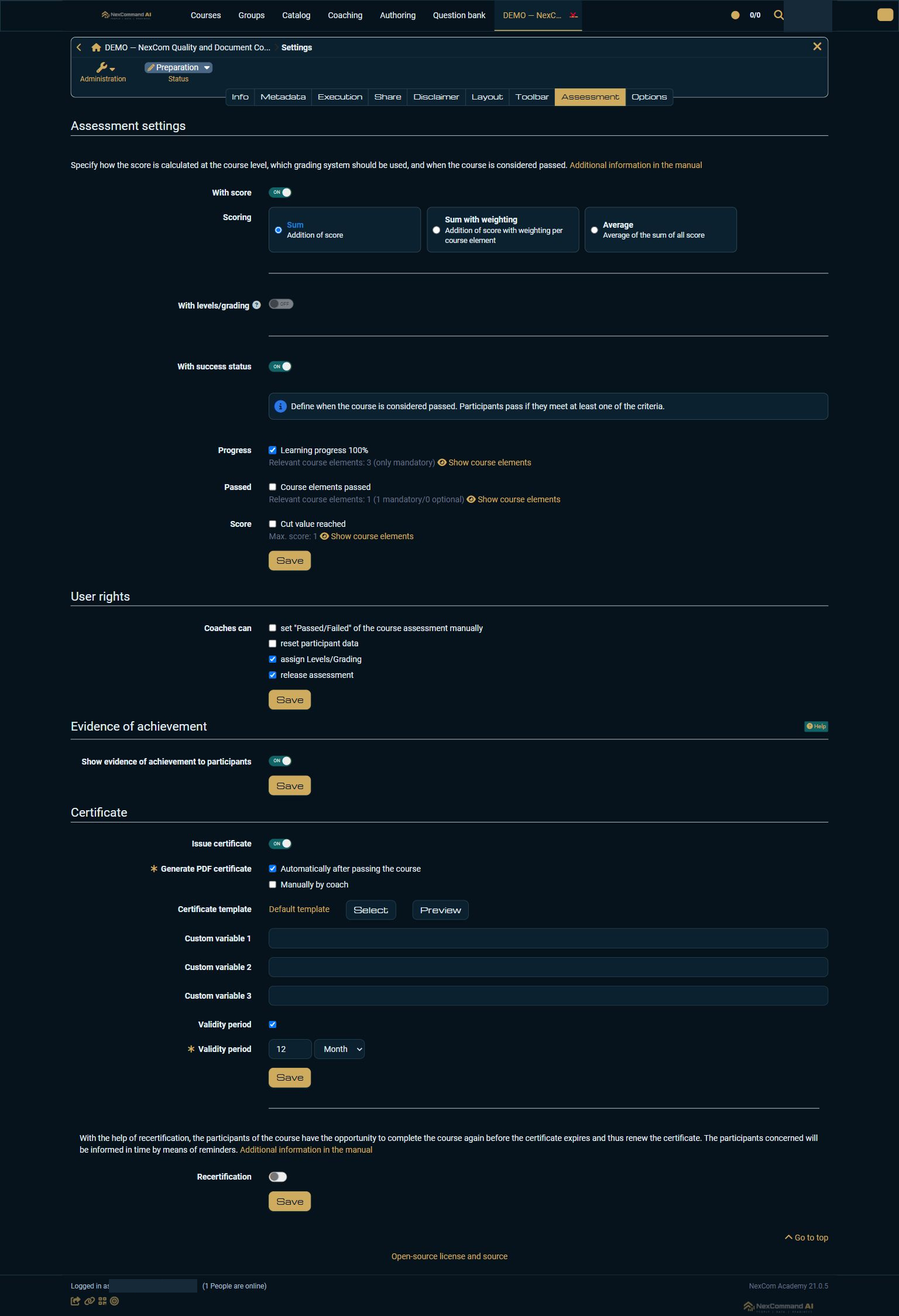 Set validity and save the certificate policy — redacted NexCom tutorial image