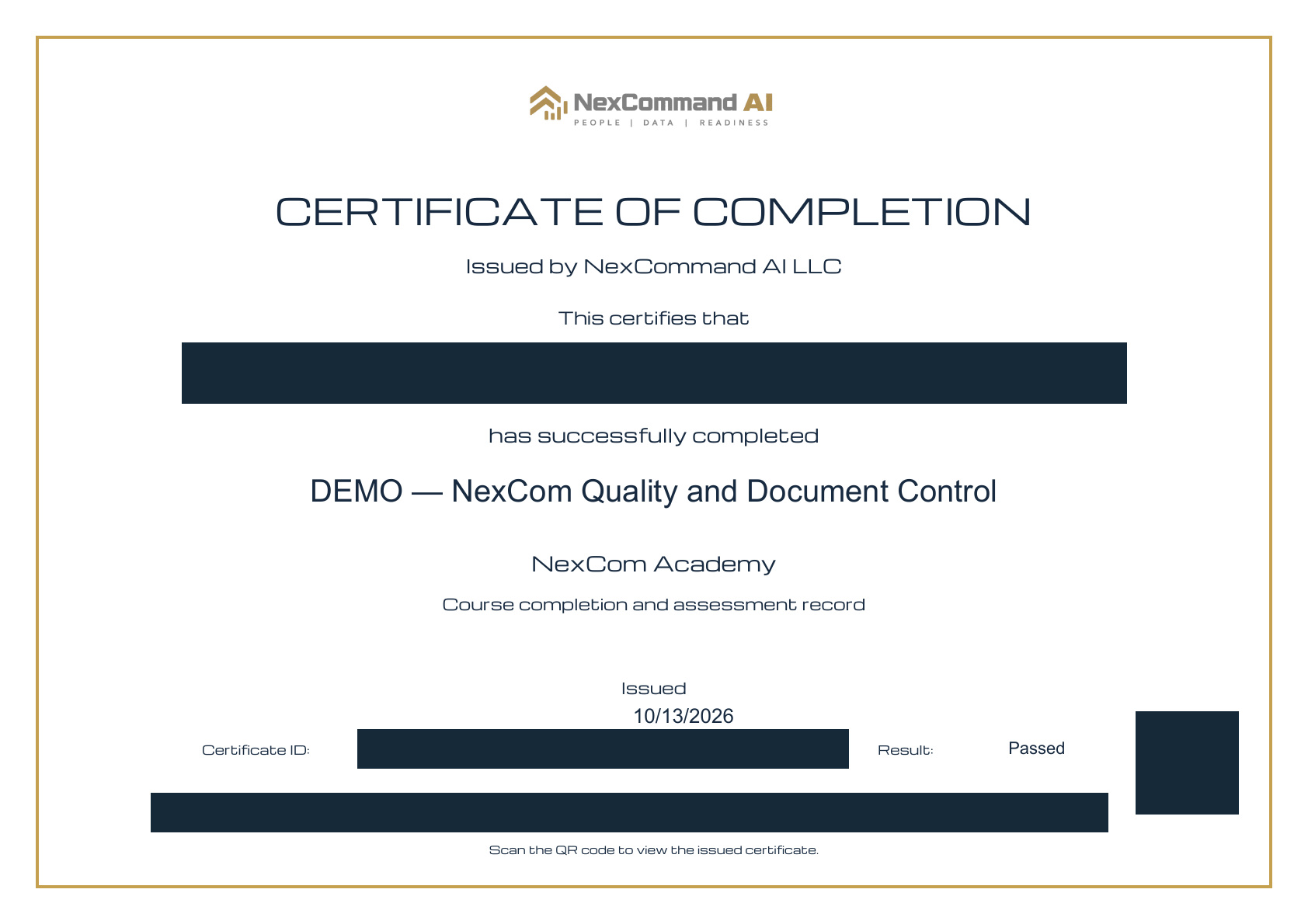 Check the PDF and its QR destination — redacted NexCom tutorial image