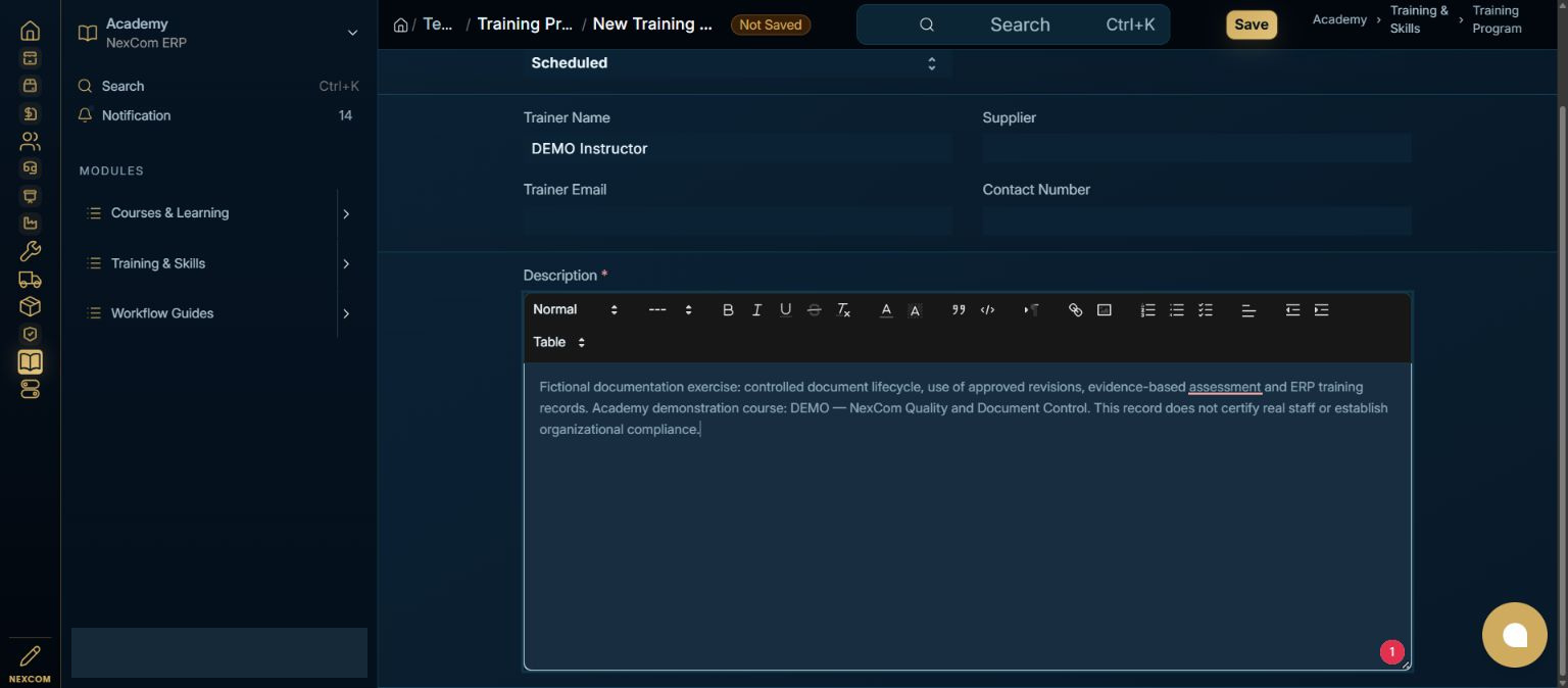Review the purpose and status — redacted NexCom tutorial image