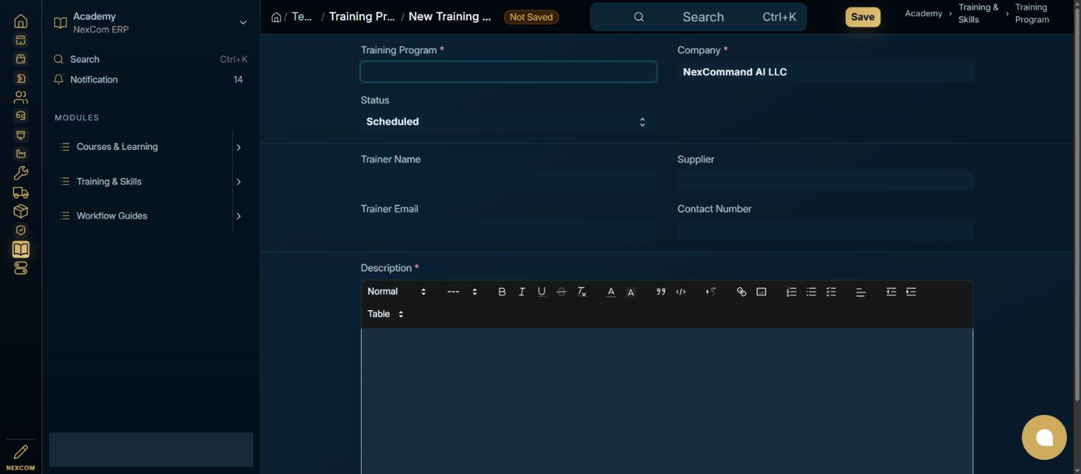 Complete the required program fields — redacted NexCom tutorial image