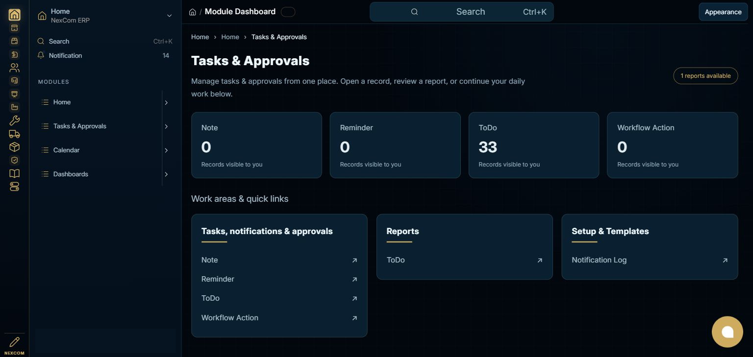 Home — Tasks & Approvals full staging dashboard