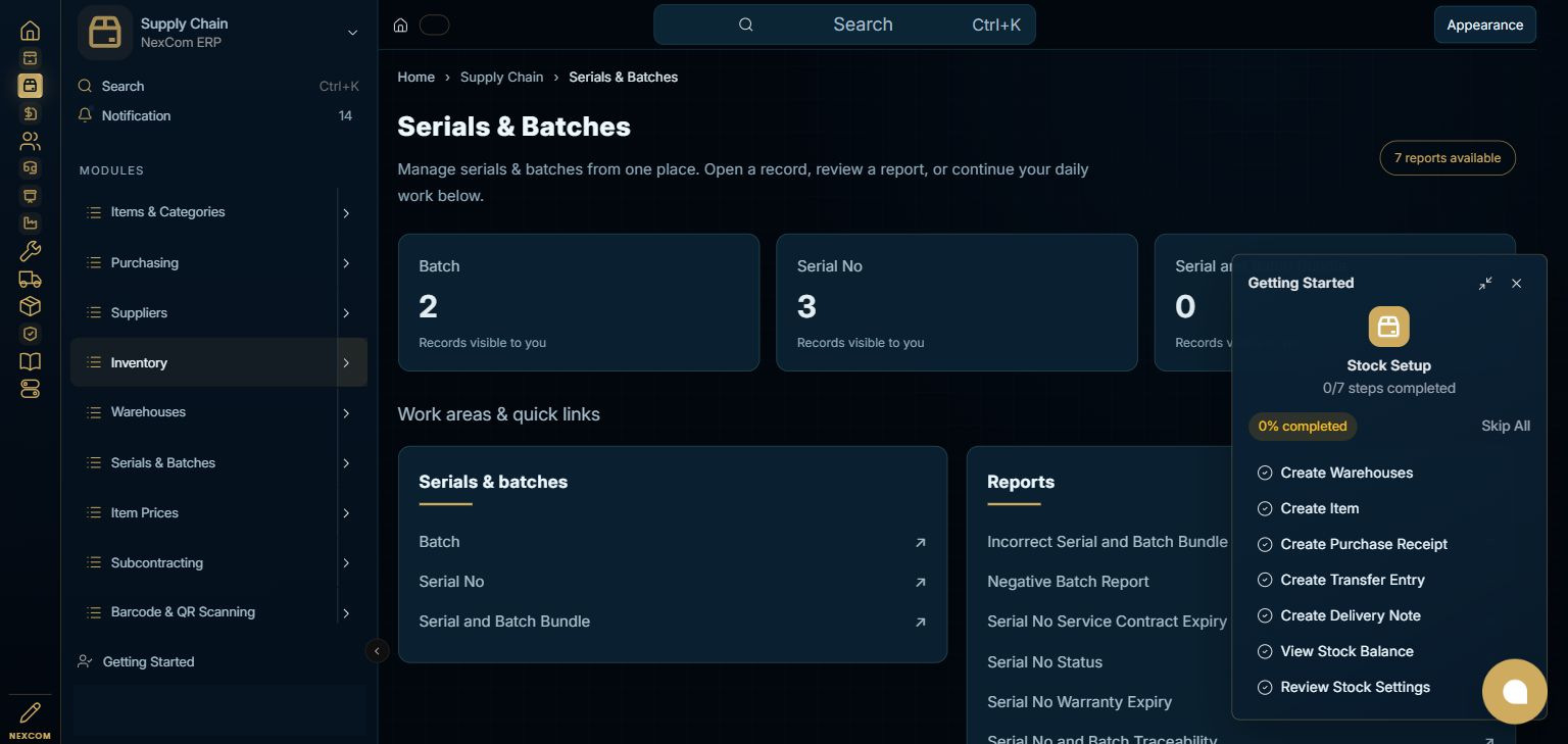 Supply Chain — Serials & Batches full staging dashboard