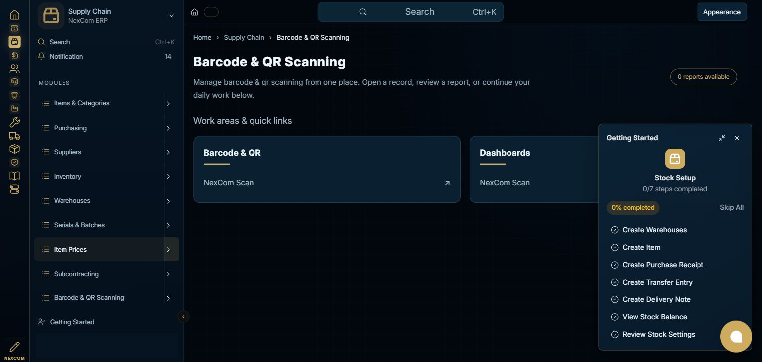 Supply Chain — Barcode & QR Scanning full staging dashboard
