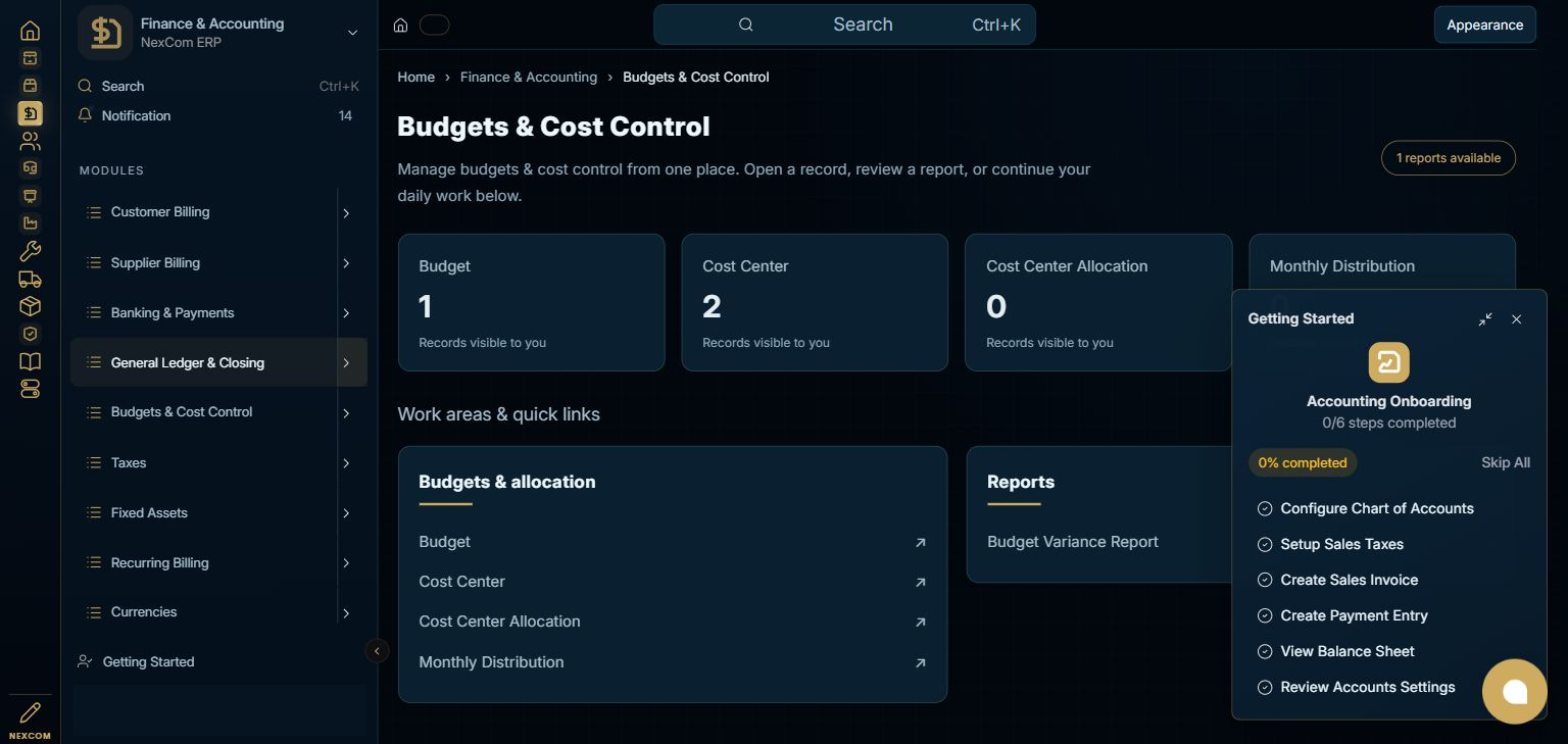 Finance & Accounting — Budgets & Cost Control full staging dashboard