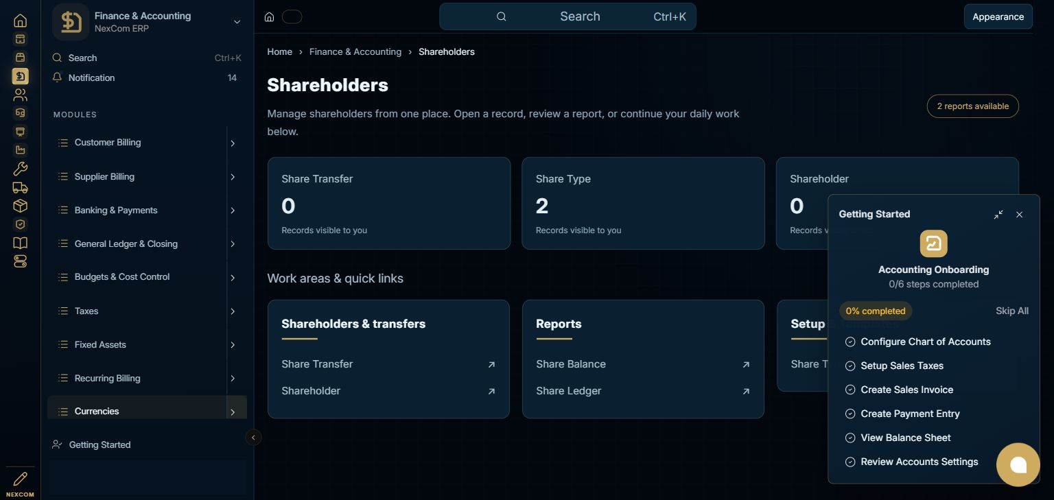 Finance & Accounting — Shareholders full staging dashboard
