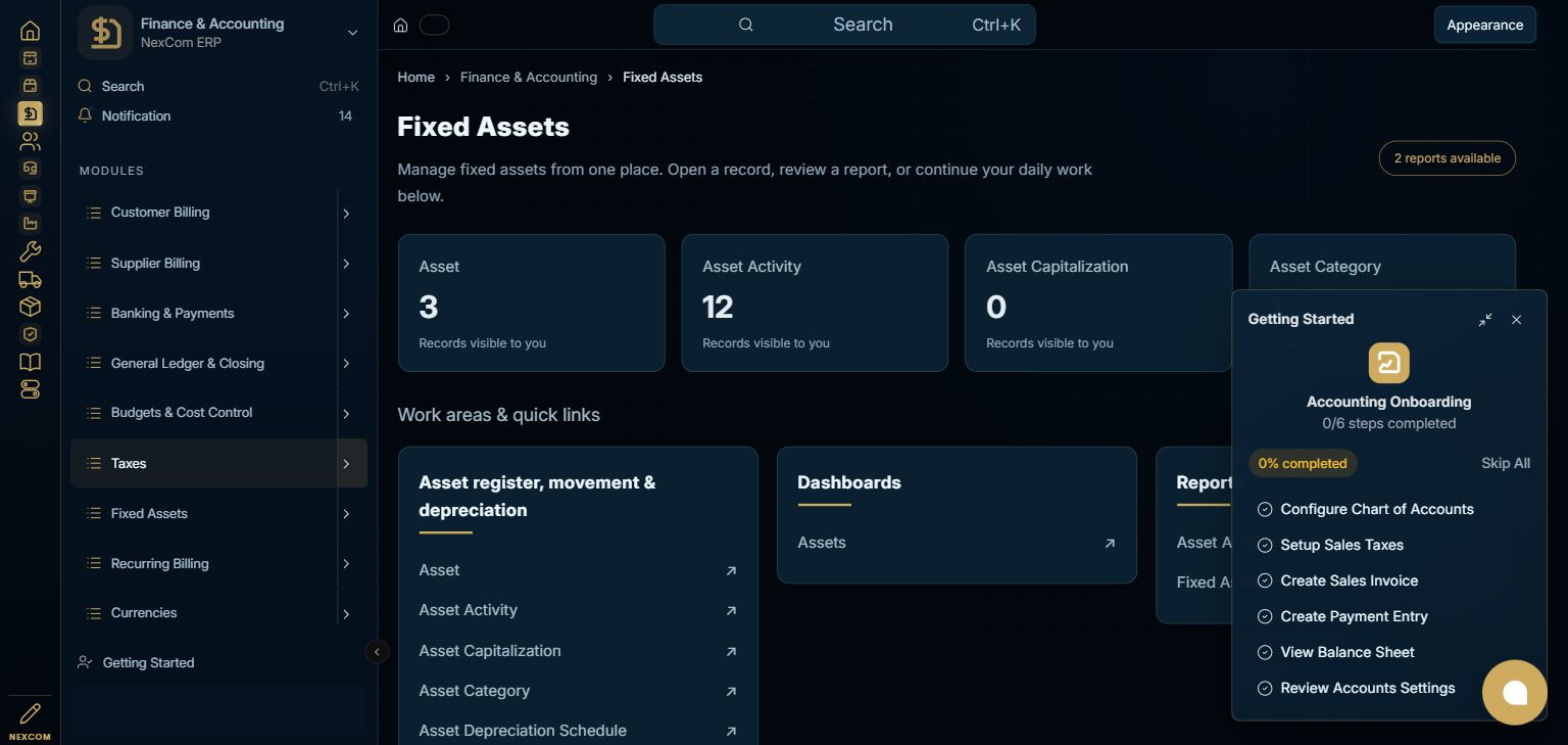 Finance & Accounting — Fixed Assets full staging dashboard