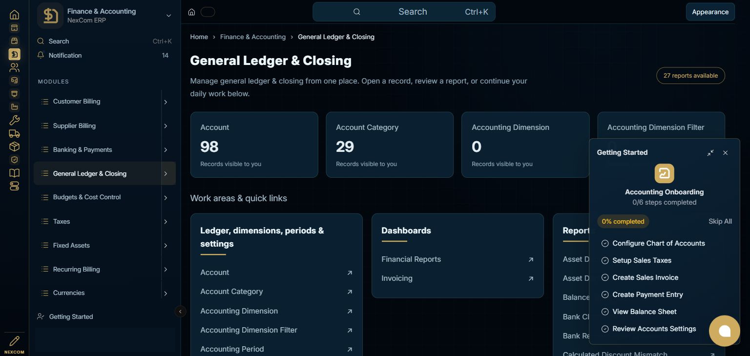 Finance & Accounting — General Ledger & Closing full staging dashboard