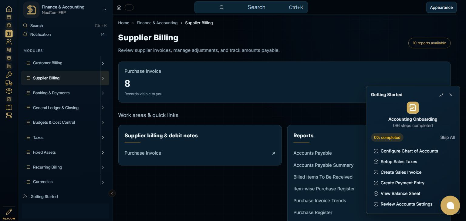 Finance & Accounting — Supplier Billing full staging dashboard
