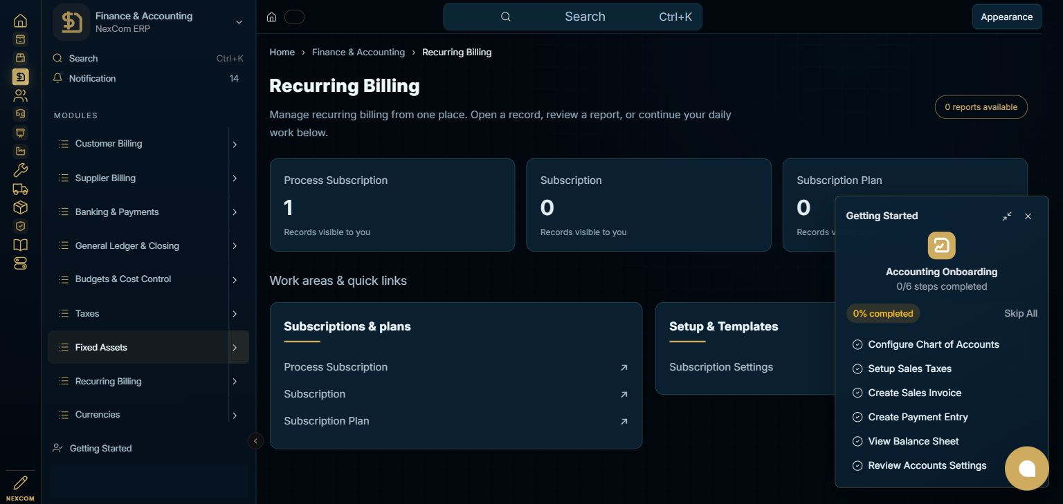 Finance & Accounting — Recurring Billing full staging dashboard