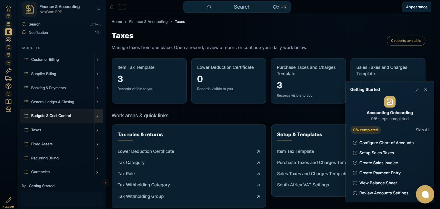 Finance & Accounting — Taxes full staging dashboard