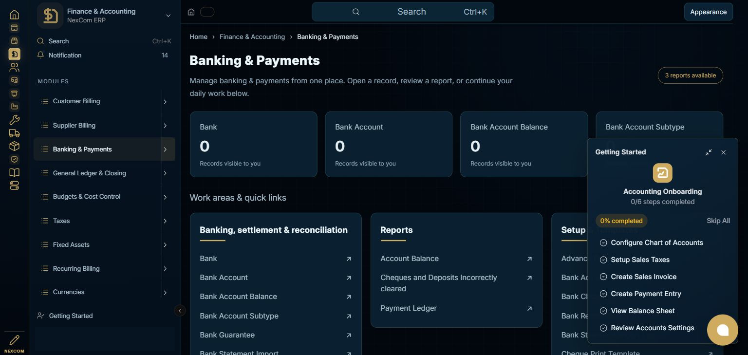 Finance & Accounting — Banking & Payments full staging dashboard