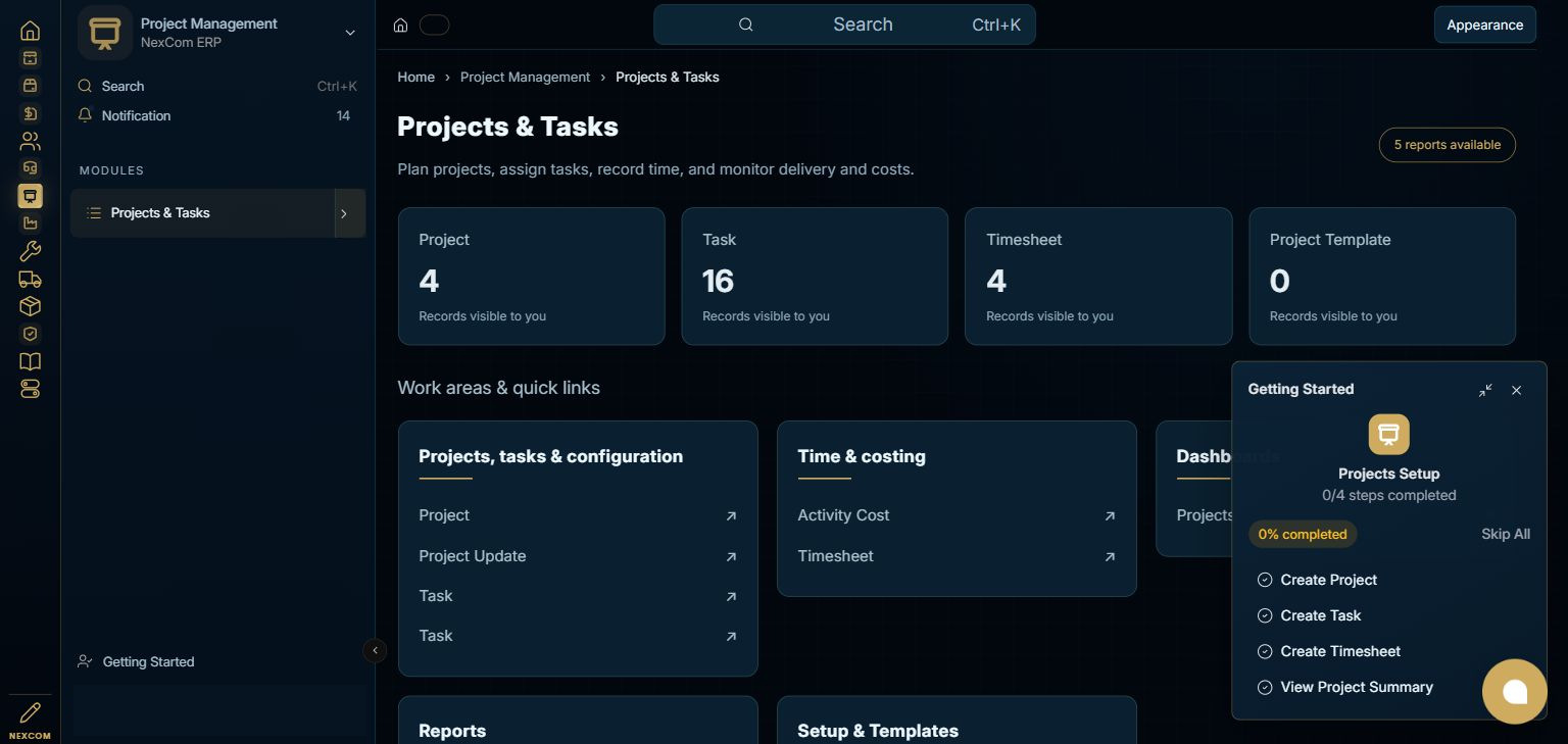 Project Management — Projects & Tasks full staging dashboard