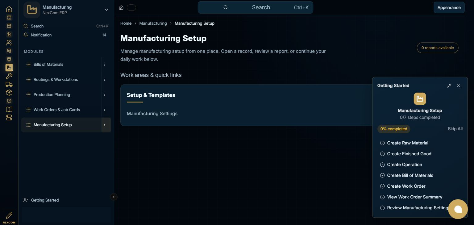 Manufacturing — Manufacturing Setup full staging dashboard