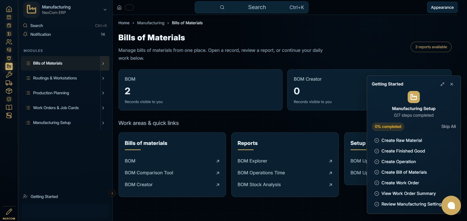 Manufacturing — Bills of Materials full staging dashboard