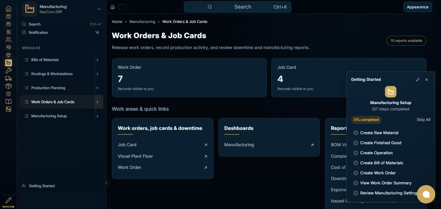 Manufacturing — Work Orders & Job Cards full staging dashboard