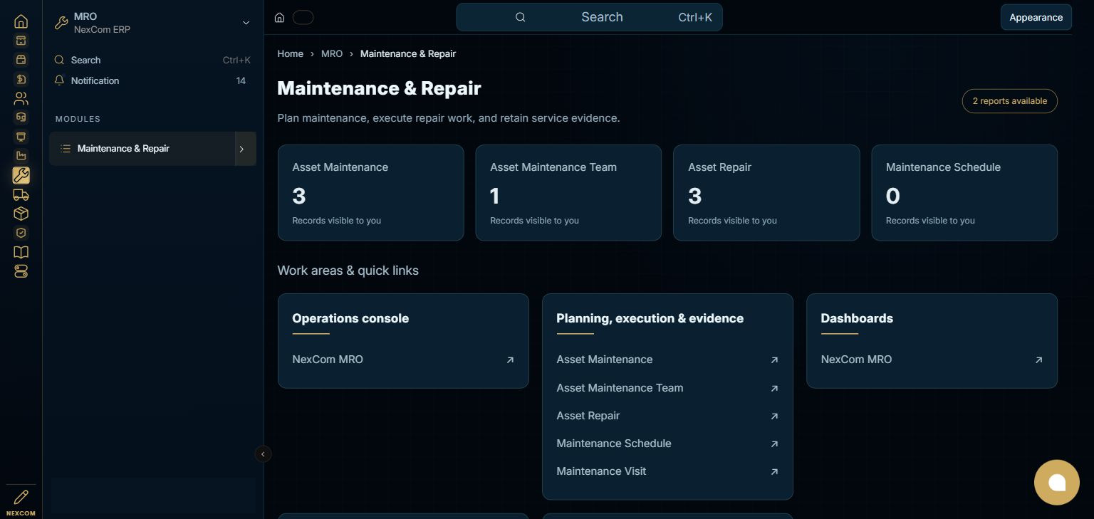 MRO — Maintenance & Repair full staging dashboard