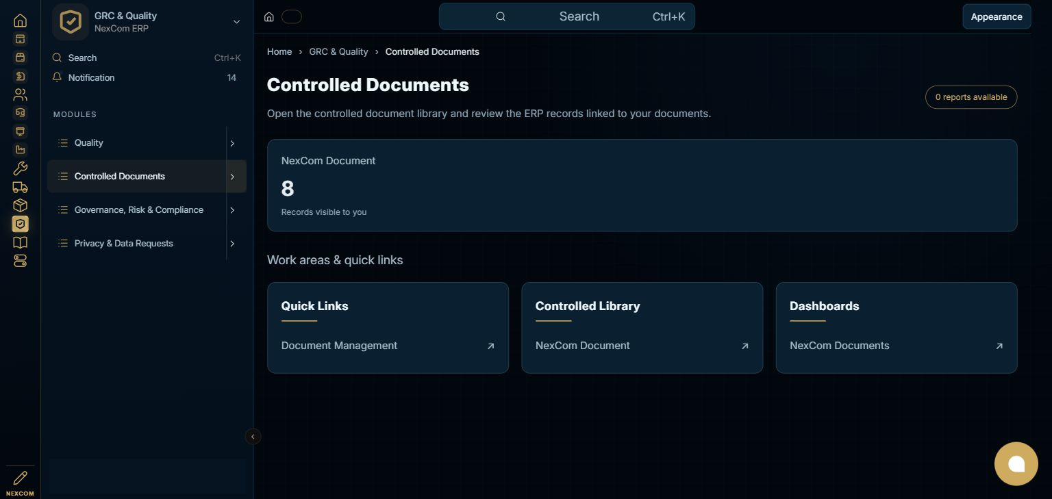 GRC & Quality — Controlled Documents full staging dashboard