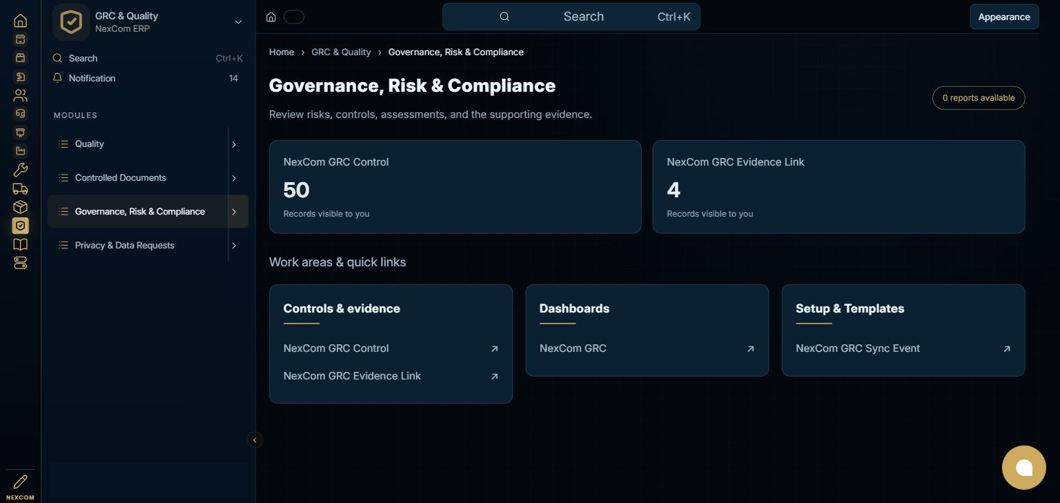 GRC & Quality — Governance, Risk & Compliance full staging dashboard