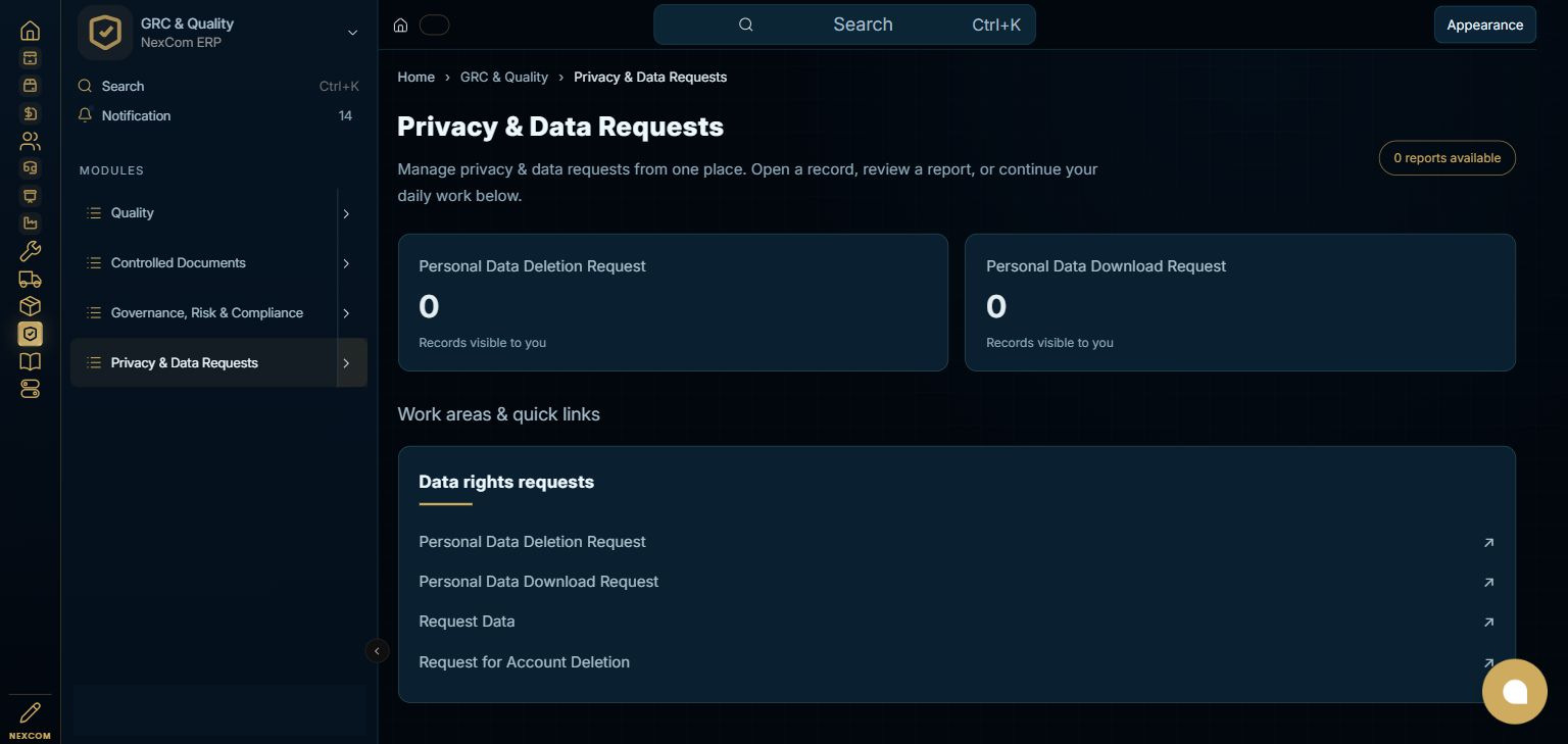 GRC & Quality — Privacy & Data Requests full staging dashboard