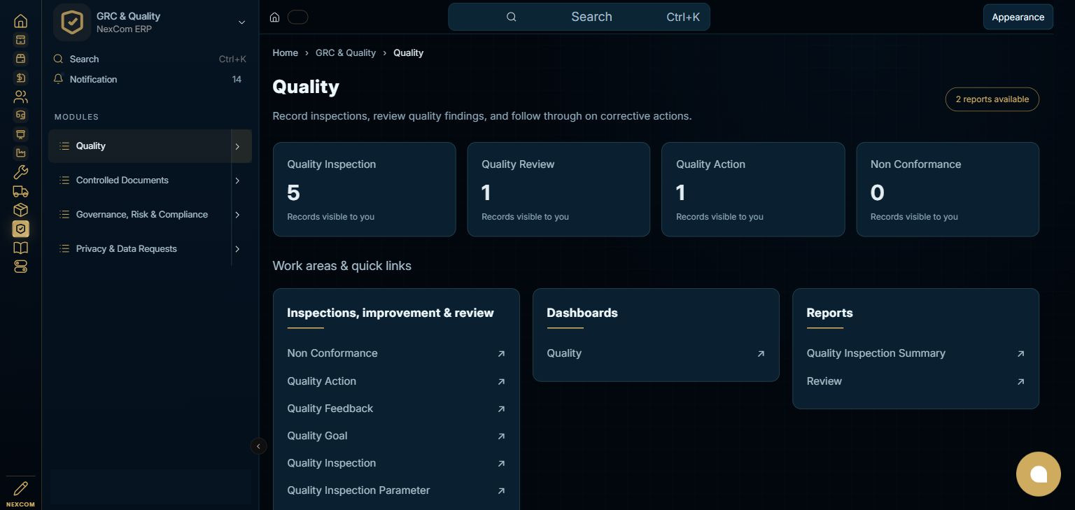 GRC & Quality — Quality full staging dashboard