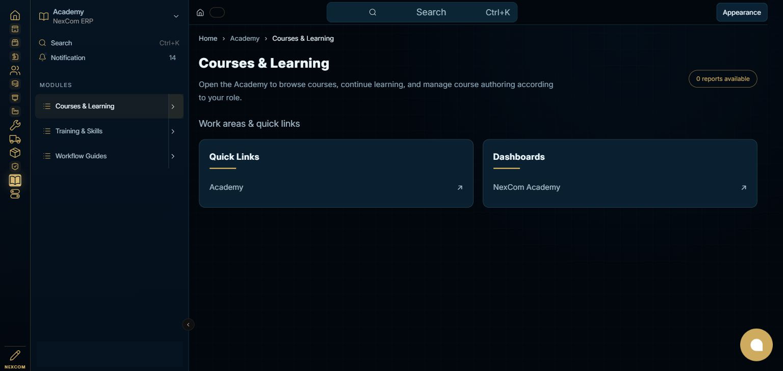 Academy — Courses & Learning full staging dashboard
