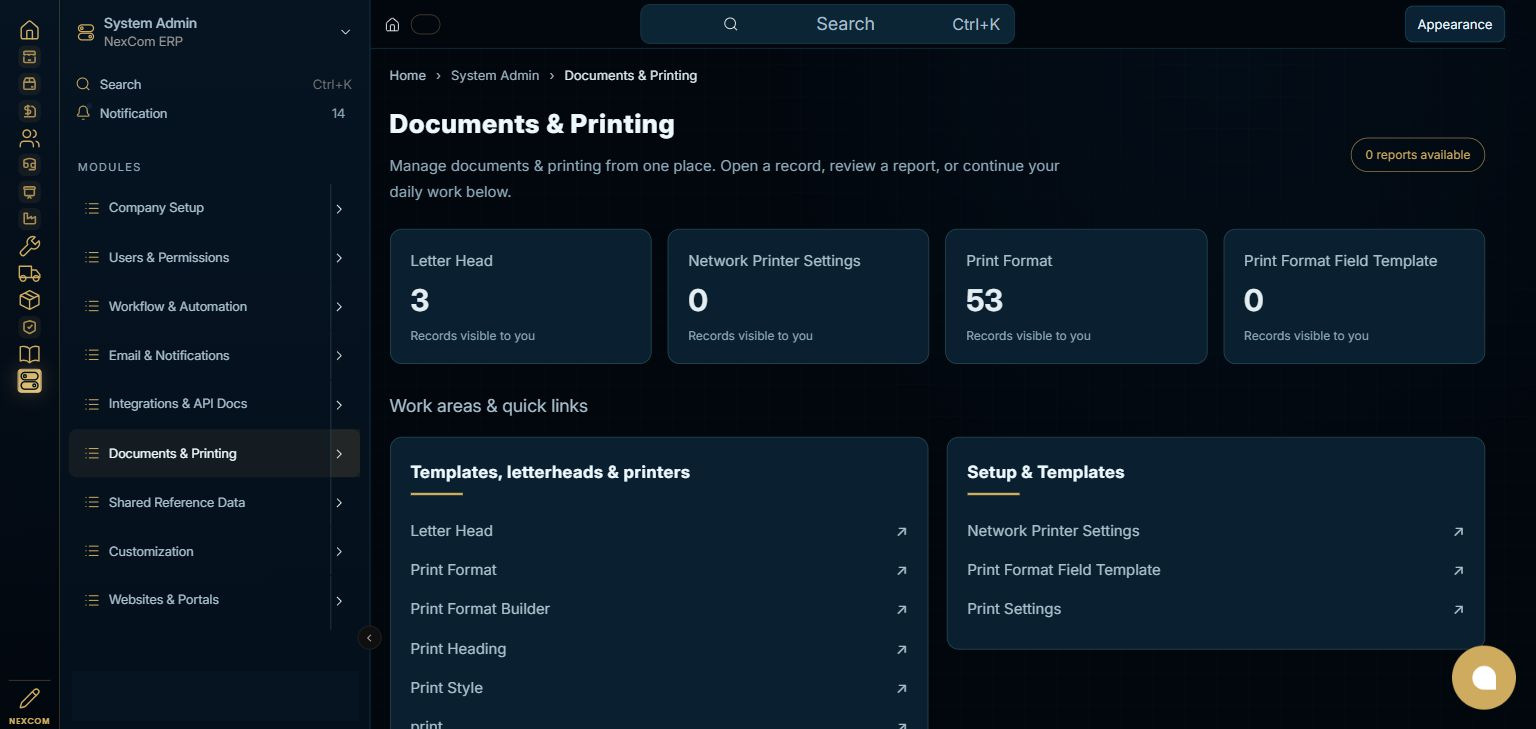 System Admin — Documents & Printing full staging dashboard