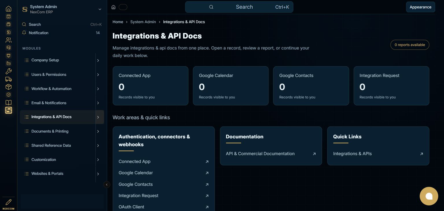 System Admin — Integrations & API Docs full staging dashboard