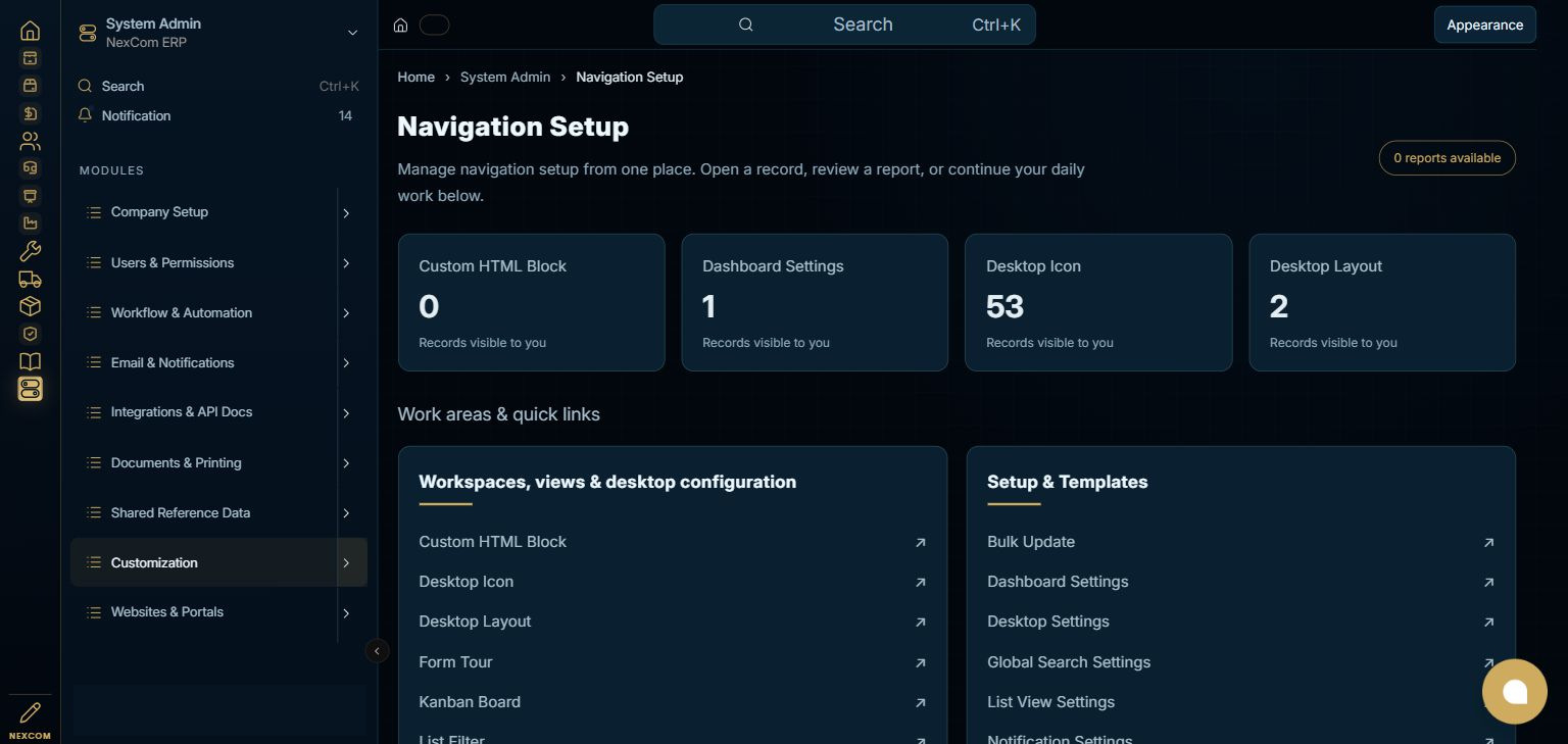 System Admin — Navigation Setup full staging dashboard