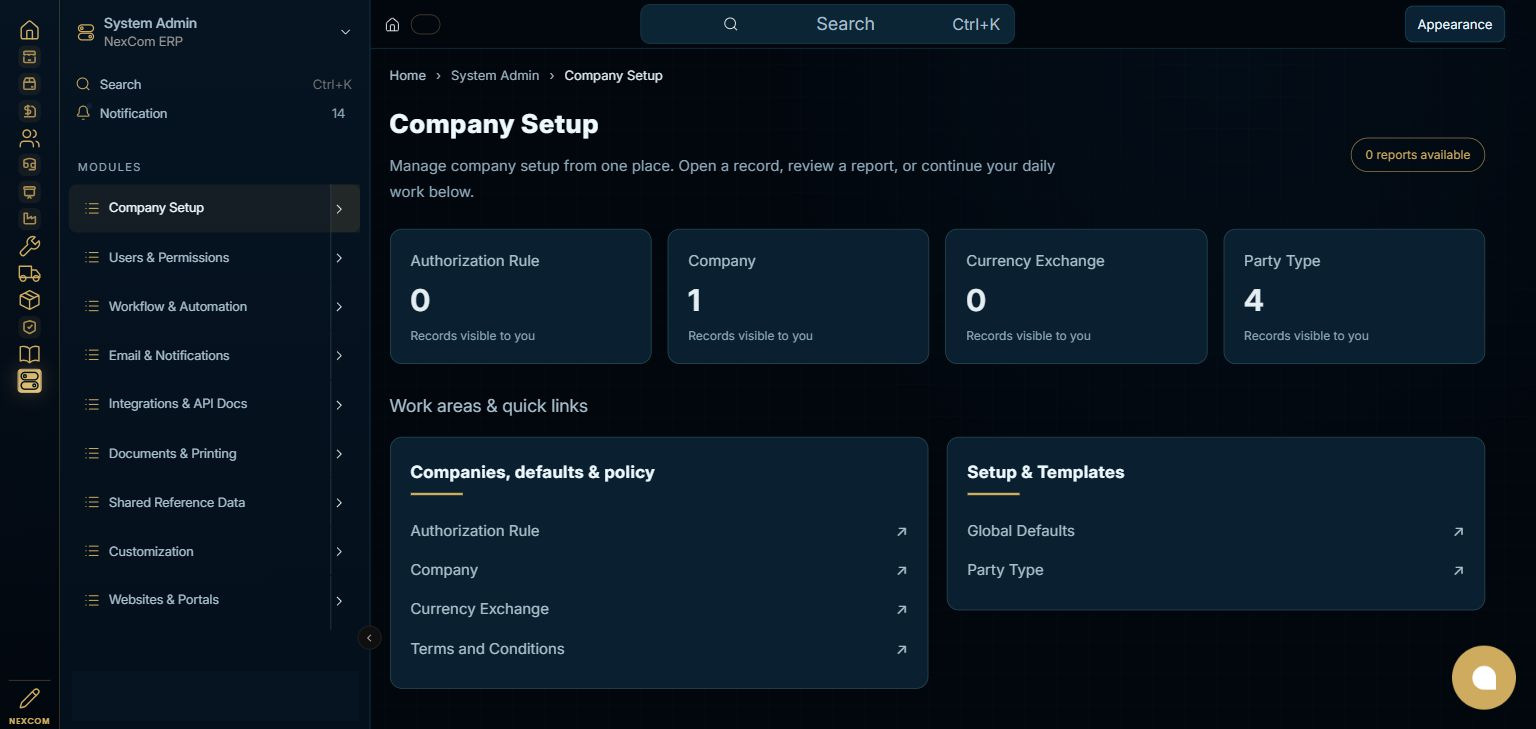 System Admin — Company Setup full staging dashboard