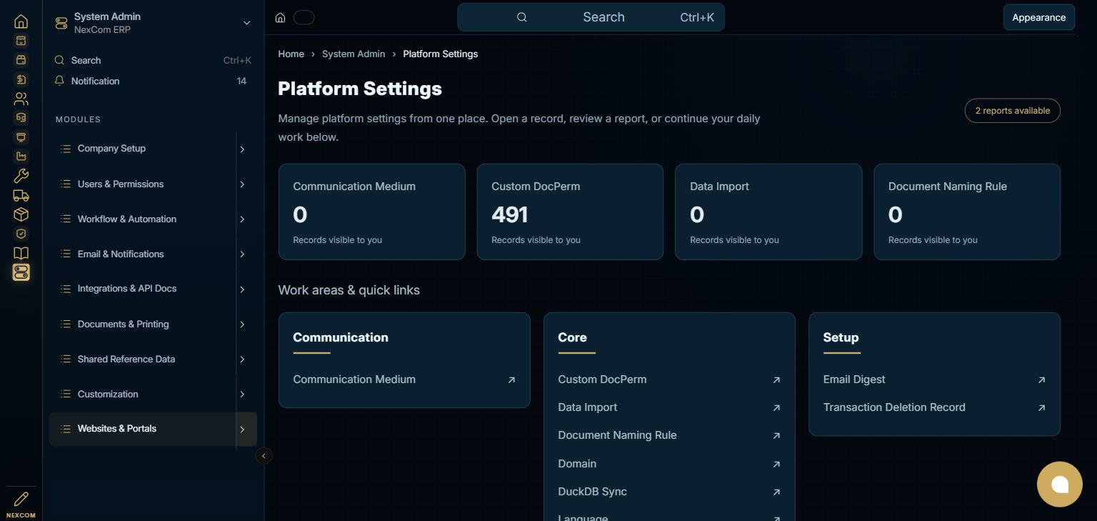 System Admin — Platform Settings full staging dashboard