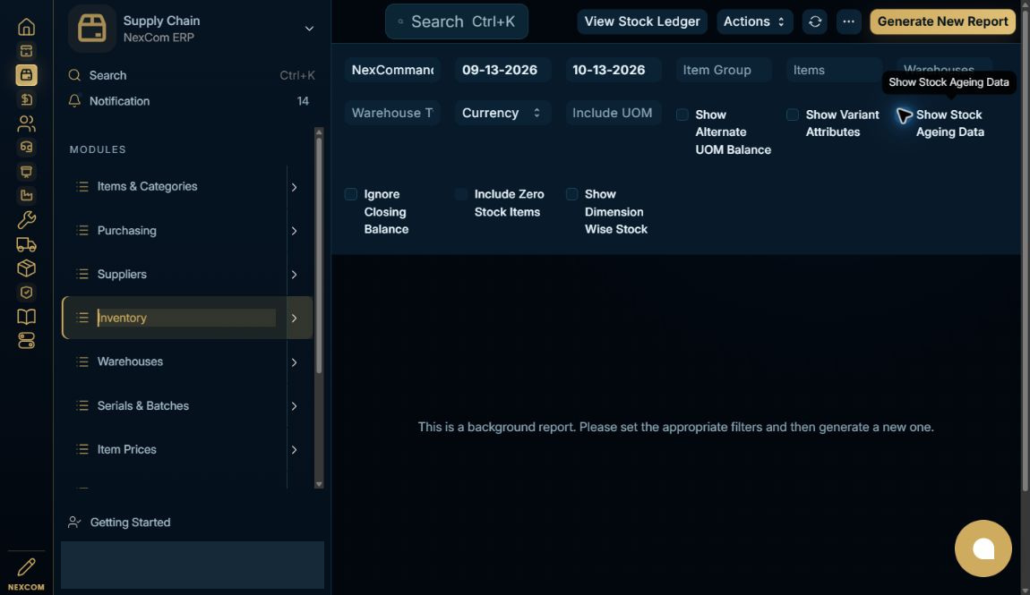 Choose company and reporting period — redacted NexCom tutorial image
