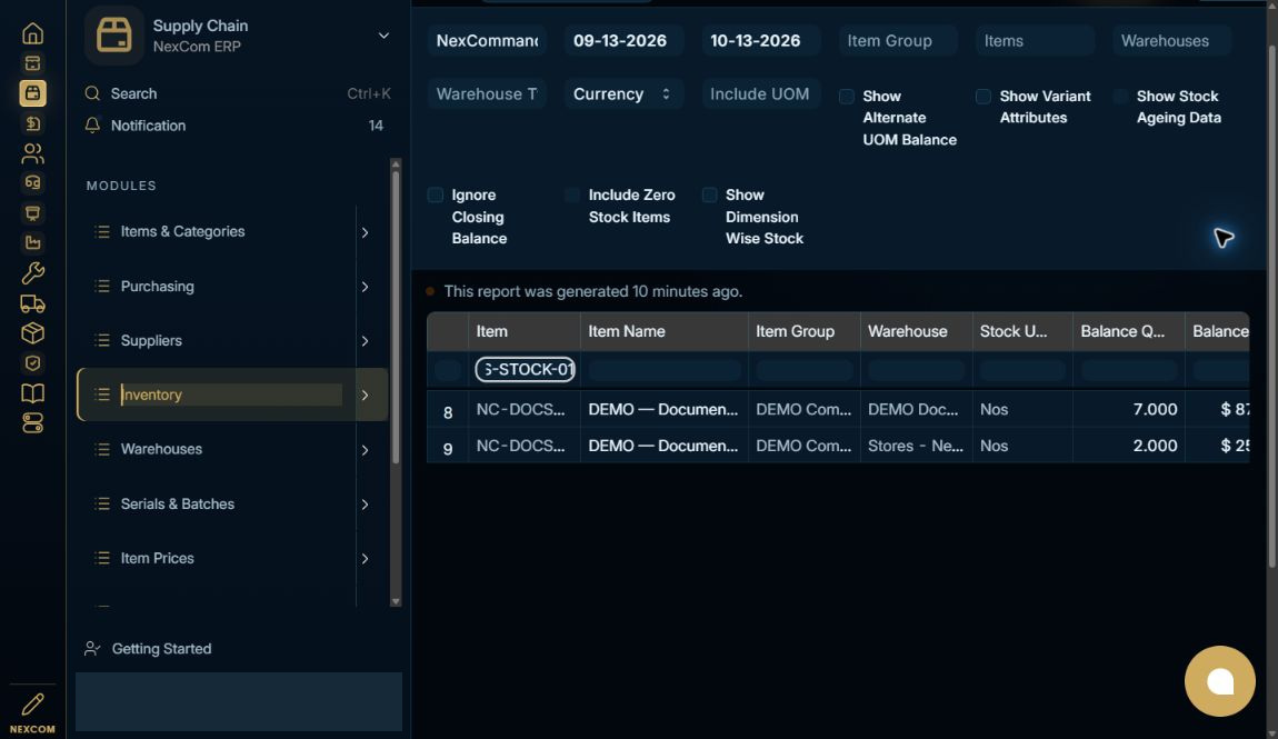 Generate and inspect balances — redacted NexCom tutorial image