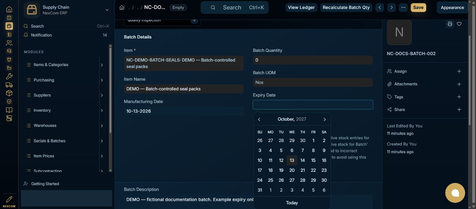 Complete batch details — redacted NexCom tutorial image
