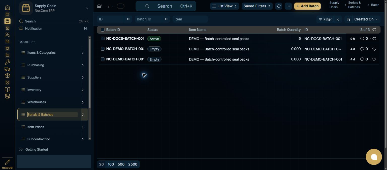 Check for an existing batch — redacted NexCom tutorial image