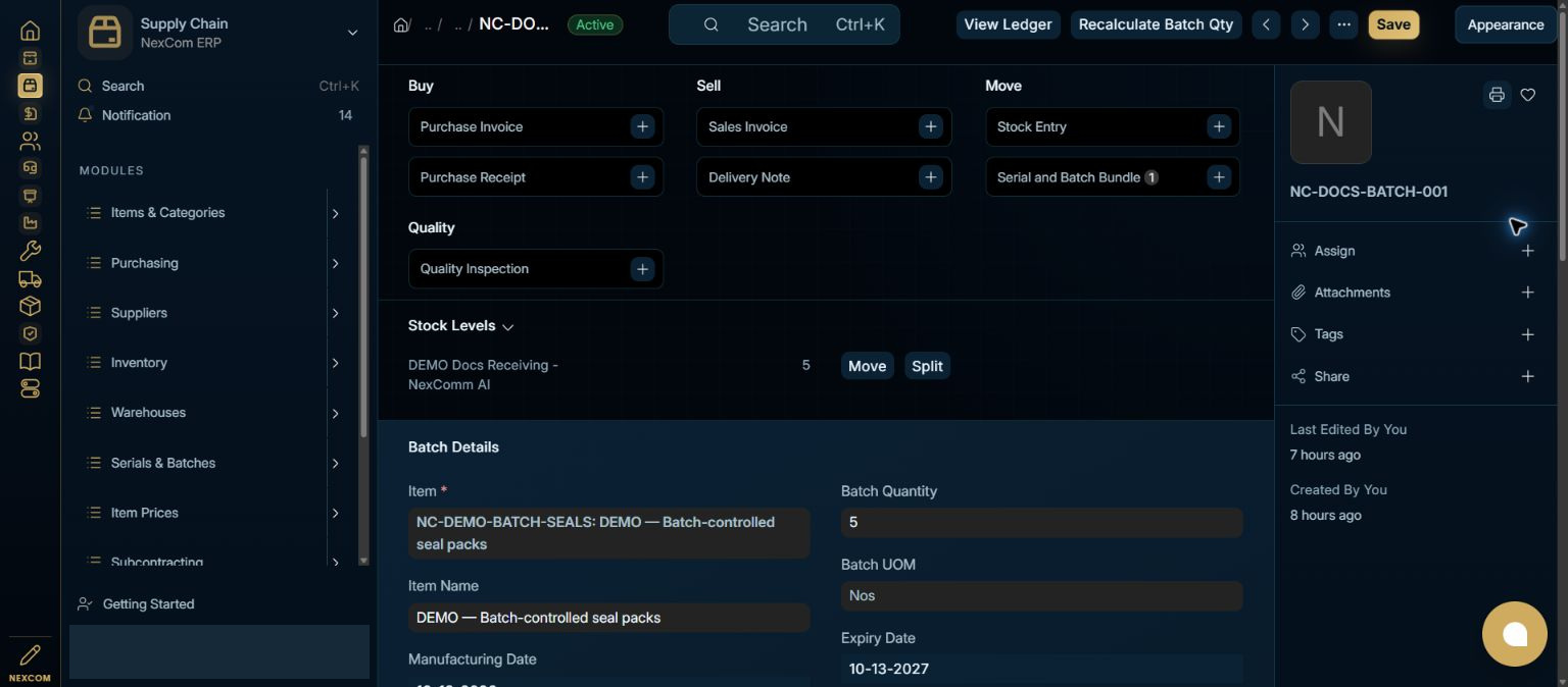 Verify the batch balance — redacted NexCom tutorial image