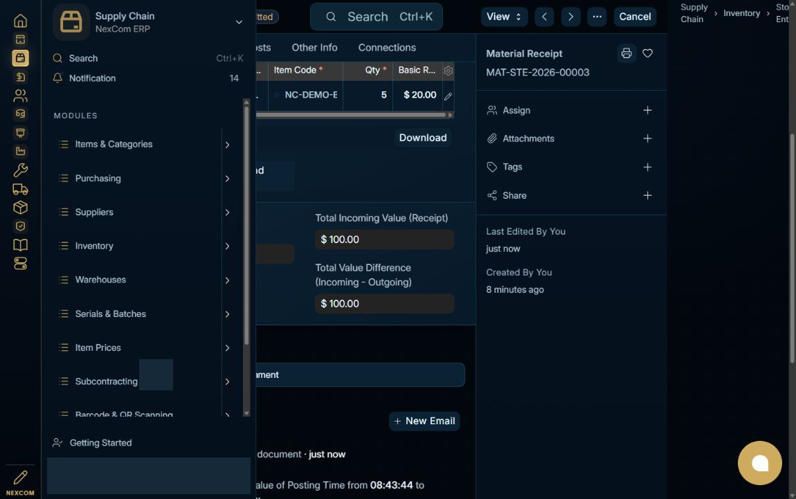 Verify the receipt status — redacted NexCom tutorial image