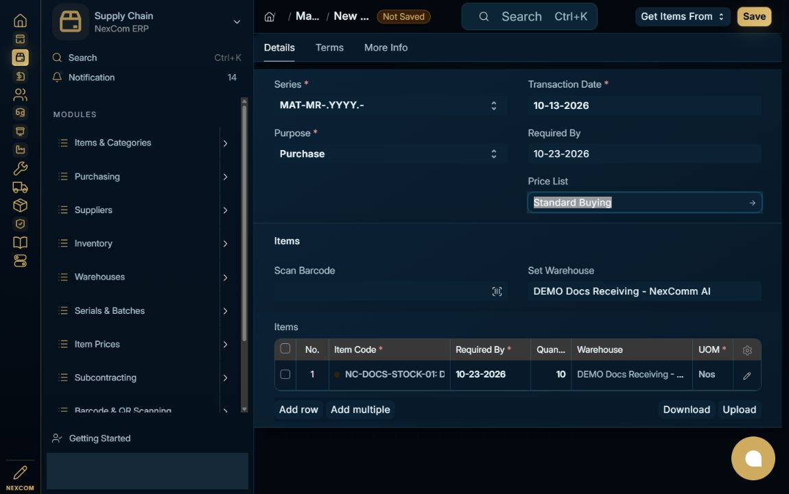 Add requested items — redacted NexCom tutorial image