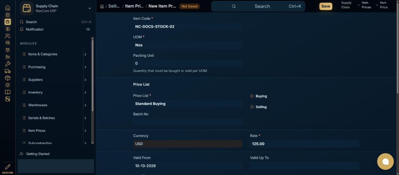 Enter the item rate — redacted NexCom tutorial image
