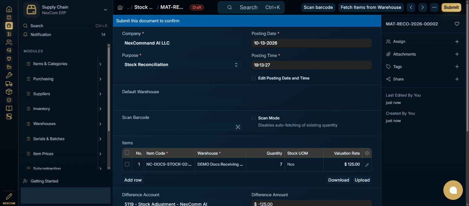 Save and check the adjustment — redacted NexCom tutorial image