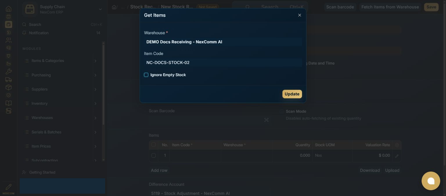 Fetch the warehouse items — redacted NexCom tutorial image
