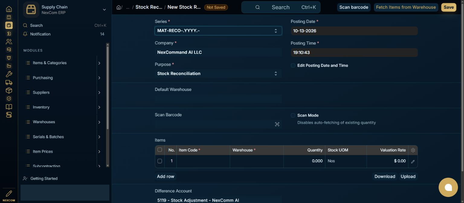Choose Stock Reconciliation — redacted NexCom tutorial image