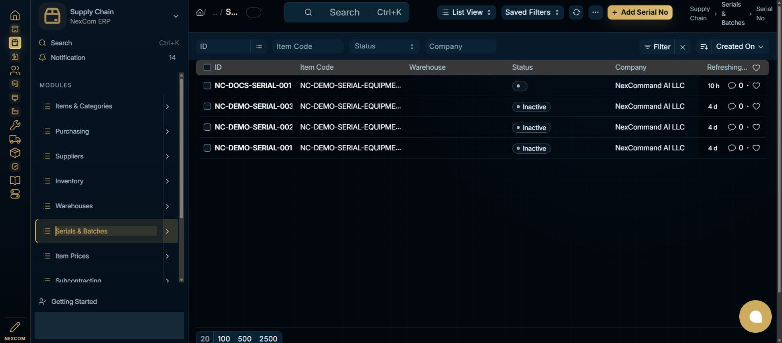 Review existing serials — redacted NexCom tutorial image