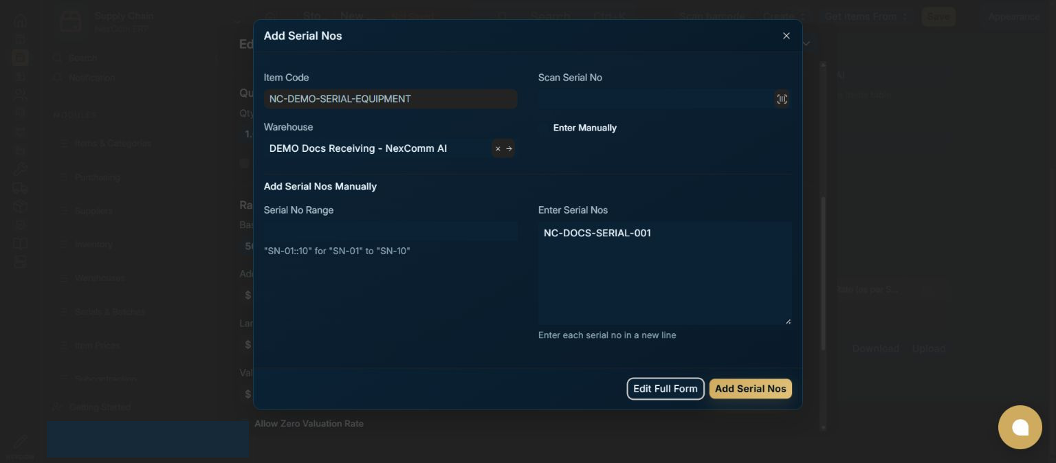 Allocate the actual serial — redacted NexCom tutorial image
