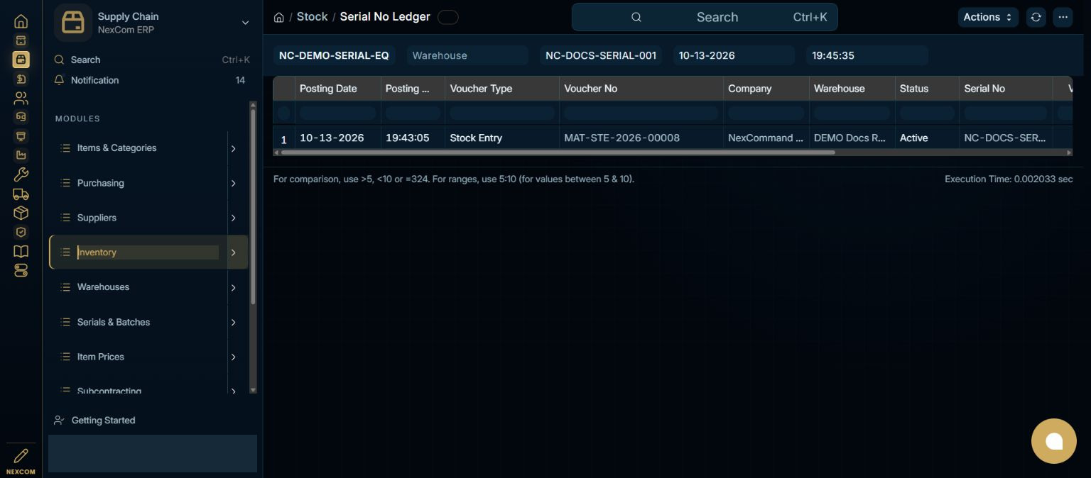 Inspect the serial movement ledger — redacted NexCom tutorial image