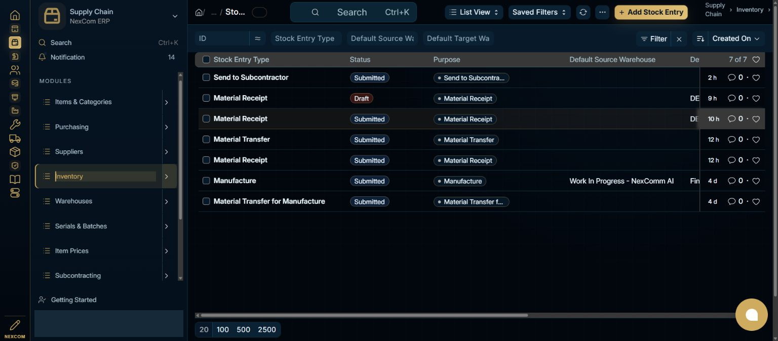 Create a stock entry — redacted NexCom tutorial image
