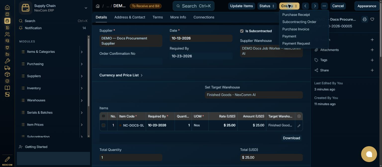 Create the subcontracting order — redacted NexCom tutorial image