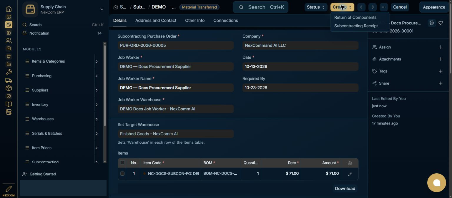 Create the receipt from the order — redacted NexCom tutorial image